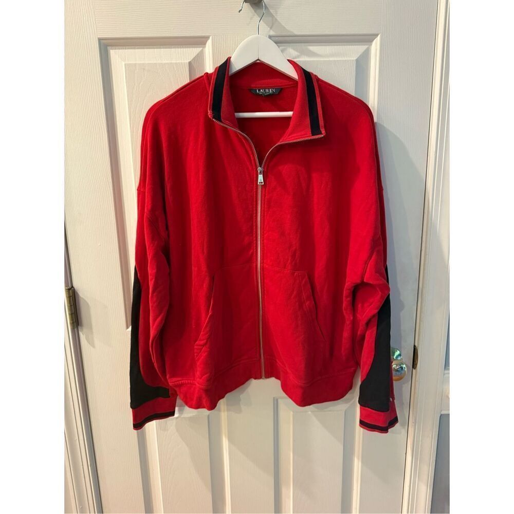 Lauren Ralph Lauren Red & Navy Embroidered Sleeve Zip Up Track Jacket sz XXL EUC